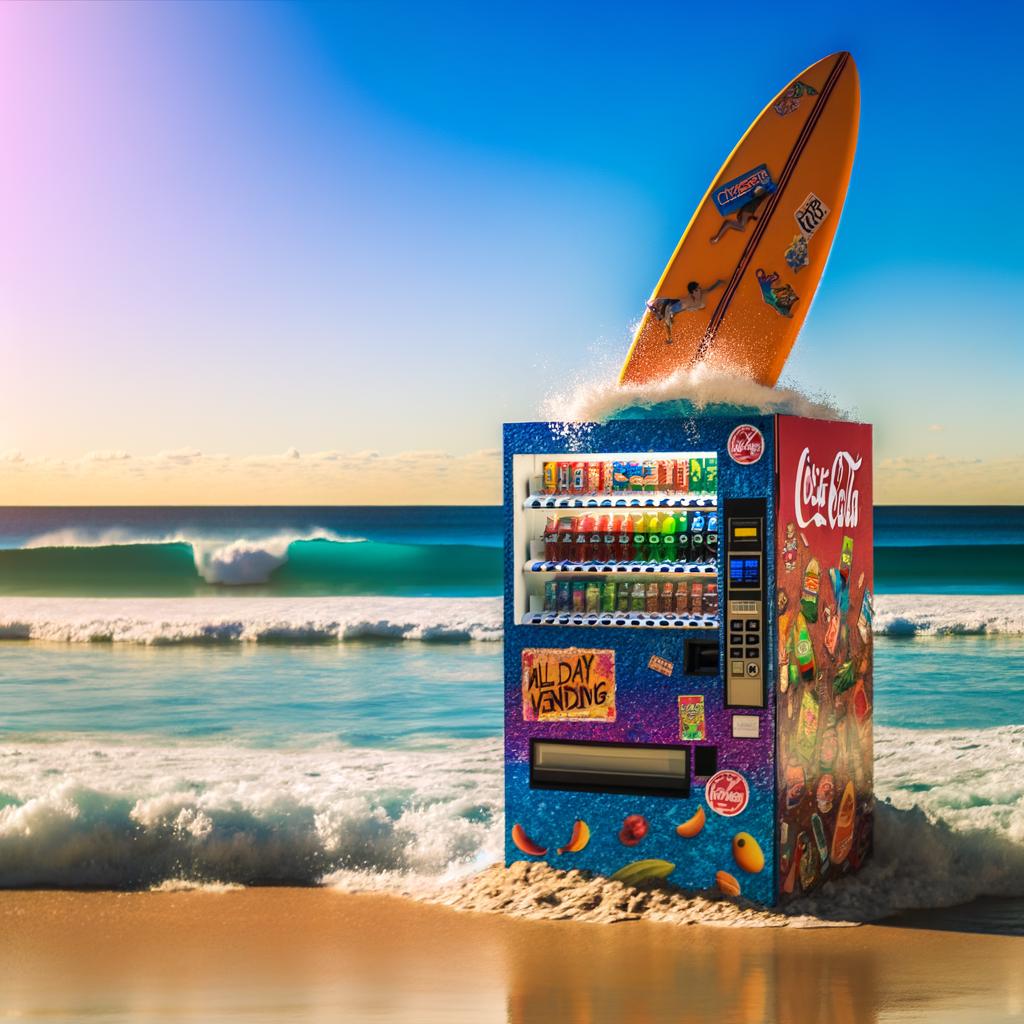 a vending machine catching a wave on the Gold Coast Australia, include a sign saying ALL DAY VENDING